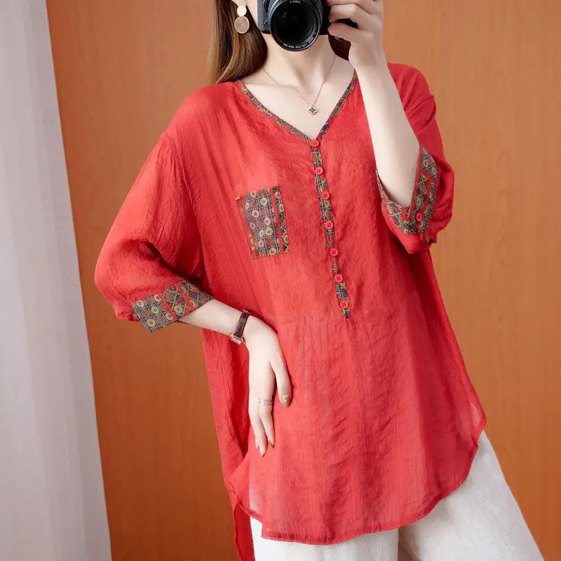 Vintage V Neck Printed Patchwork Pocket Three Quarter Sleeve Shirt for Women Summer Casual Loose Tunic Blouse Top Women Clothing