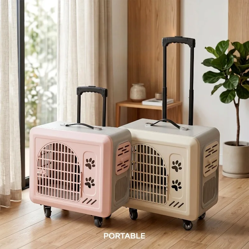 Wheeled Pet Carrier Retractable Handle Cat Carriers Breathable Hard Shell Dogs Cats Carriers Portable Outdoor Pets Transport Bag