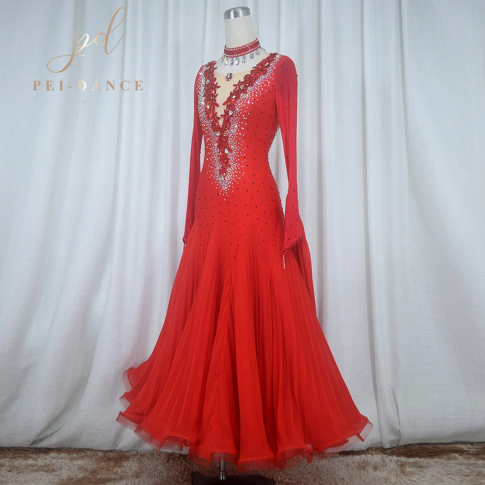 PEIDANCE Customized New Design Red Modern Dance Wear Standard Ballroom Dance Dress Women Waltz Fox Trot Dance Costume BR977