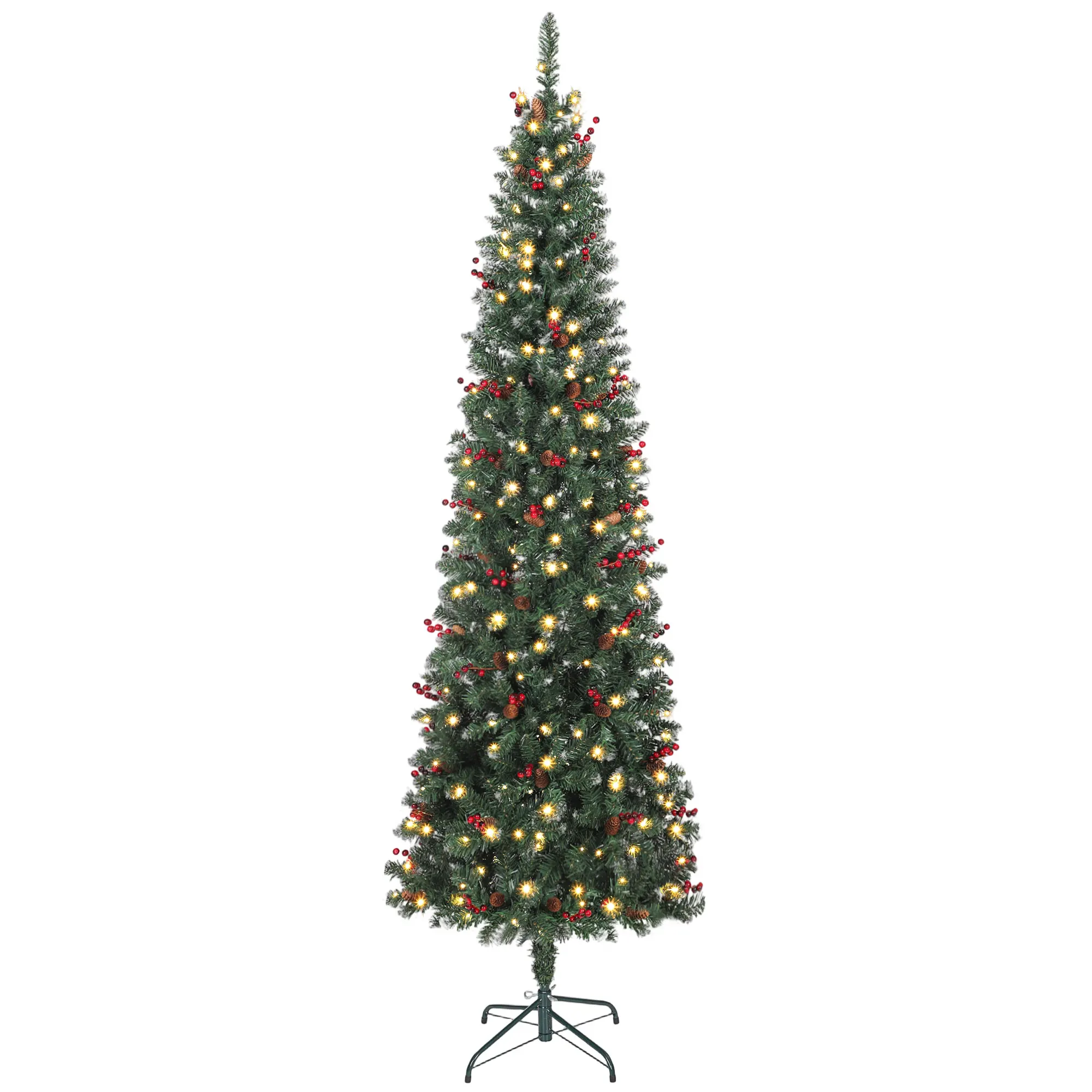 HOMCOM Árbol de Navidad Artificial Estrecho con Luces LED 8 Modos de Iluminación Piñas Bayas y Soporte Verde