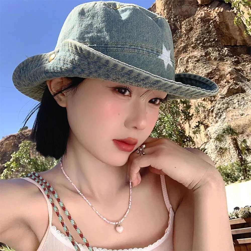 

Kawaii Denim Star Fisherman Hat Wide Brim Adjustable Outdoor Sun Hat Y2K Sunshade Western Cowboy Hat Travel