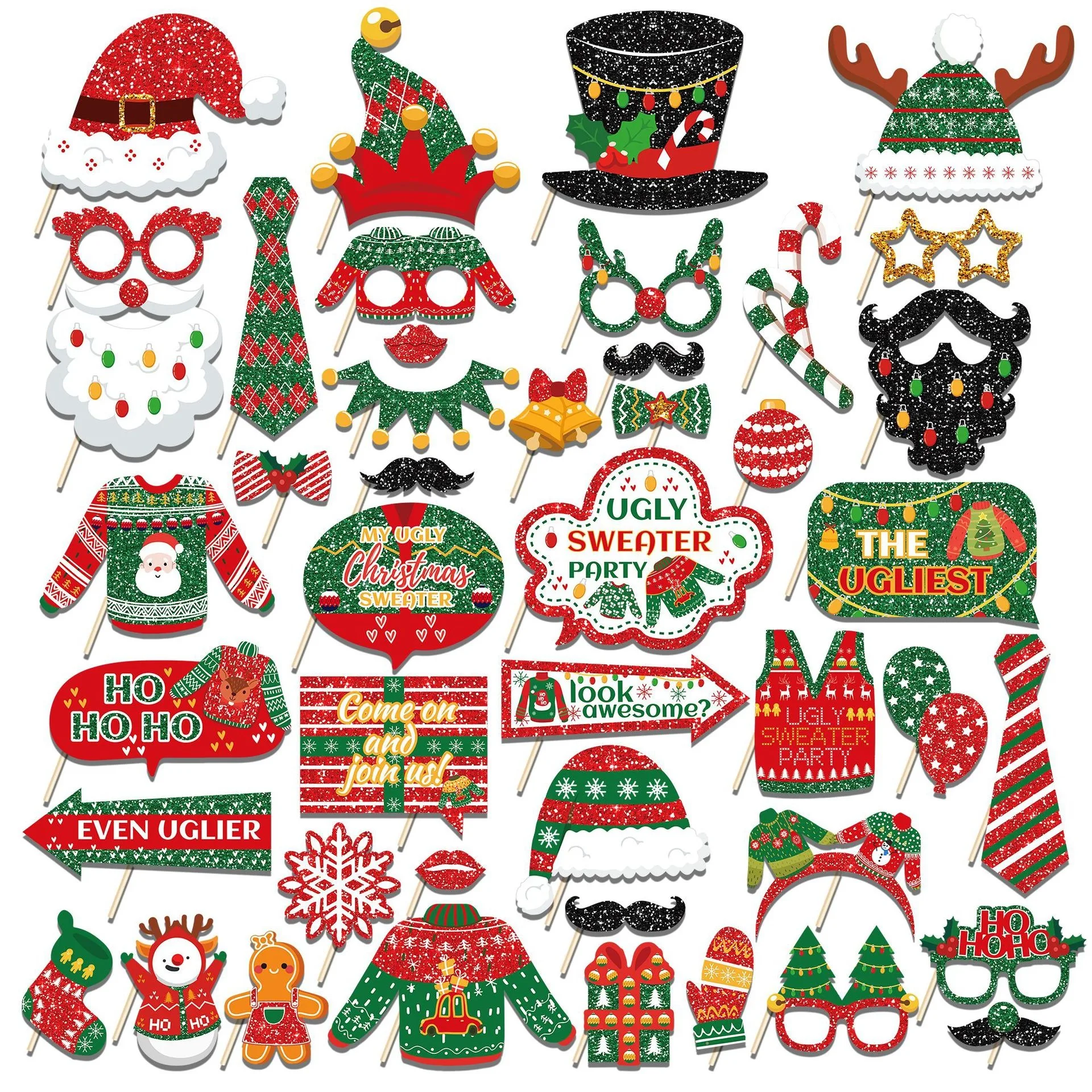 Weihnachts-Fotorequisiten-Set: Pullover, Weihnachtsmannmütze, Brille, Lebkuchenmann-Ausschnitt für Weihnachtsfeiertage, Familienfeiern und Selfie-Dekoration