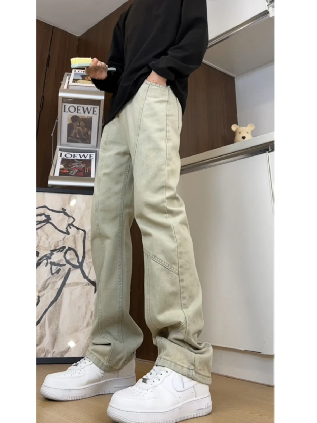 

Yellow Mud Color Spliced Men's Jeans Straight Leg Slim Fit Spring Autumn OOTD CleanFit Casual Wear Long Pants Youth Trend