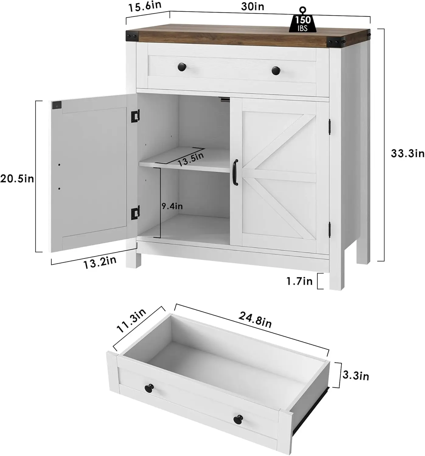 Coffee Bar Cabinet, Modern Farmhouse Buffet with Drawer & Adjustable Shelf, White Barn Door Sideboard for Kitchen, Dining Room,