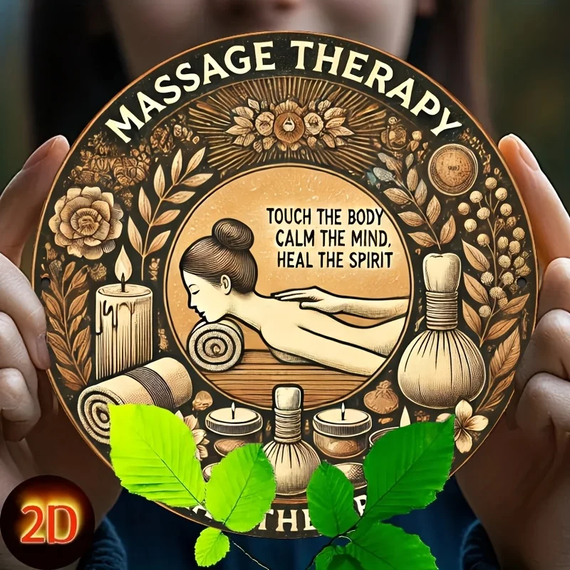 2D Flat - 1pc Retro Massage Therapy Metal Wall Art - 2D Iron Sign for Body & Mind Relaxation, Round Plaque with Spa-Themed Desig