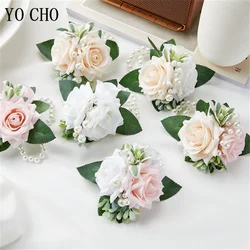 YO CHO White Silk Rose Men Boutonniere Buttonhole Brooch Bridesmaid Bride Wedding Wrist Corsage Bracelet Groom Ceremony Flower