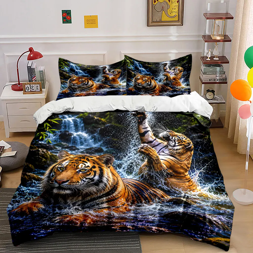 Tigers playing in waterfall forest Printed Duvet Cover Set 1 Duvet Cover+2 Pillowcase Multi Size Bedroom Bedding Decoration