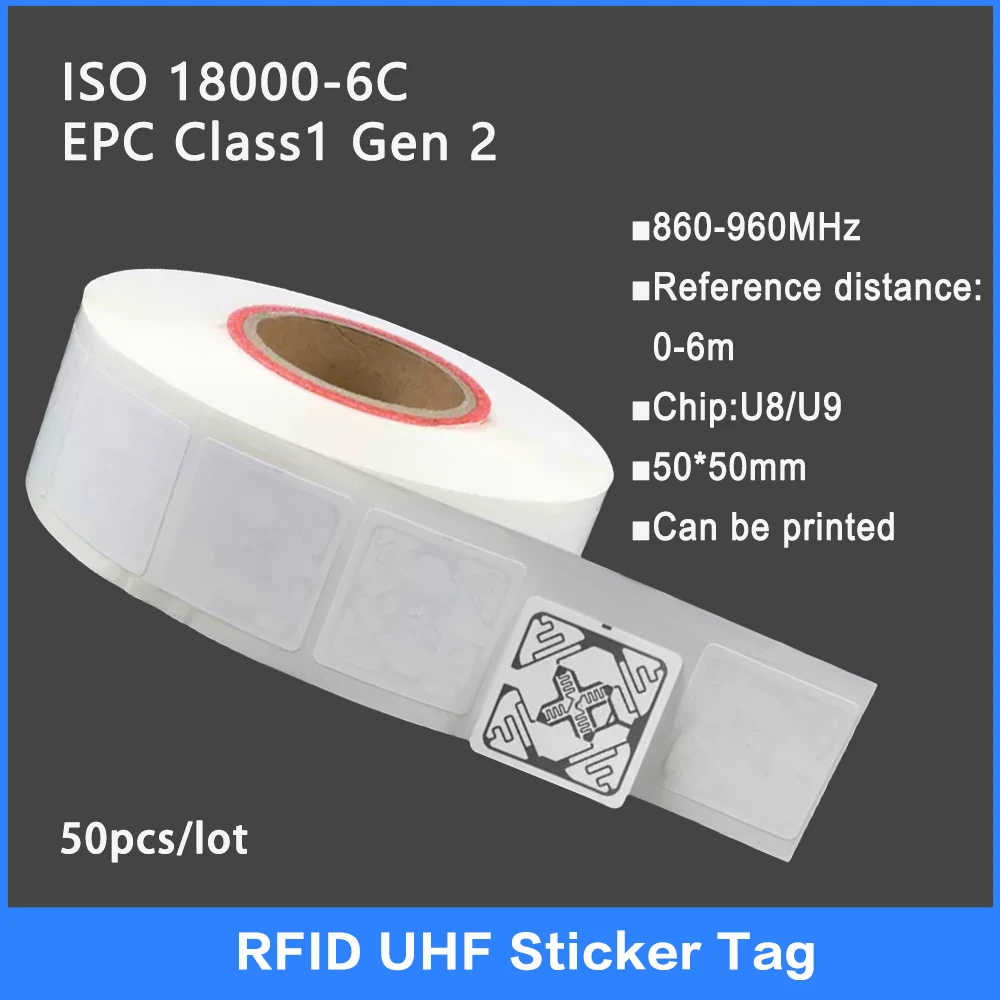 Étiquette autocollante en papier enduit UHF RFID, étiquette électronique, puce U8, U9, haute qualité, 18000-6C, 860-960MHz, 915 MHz, 50 pièces