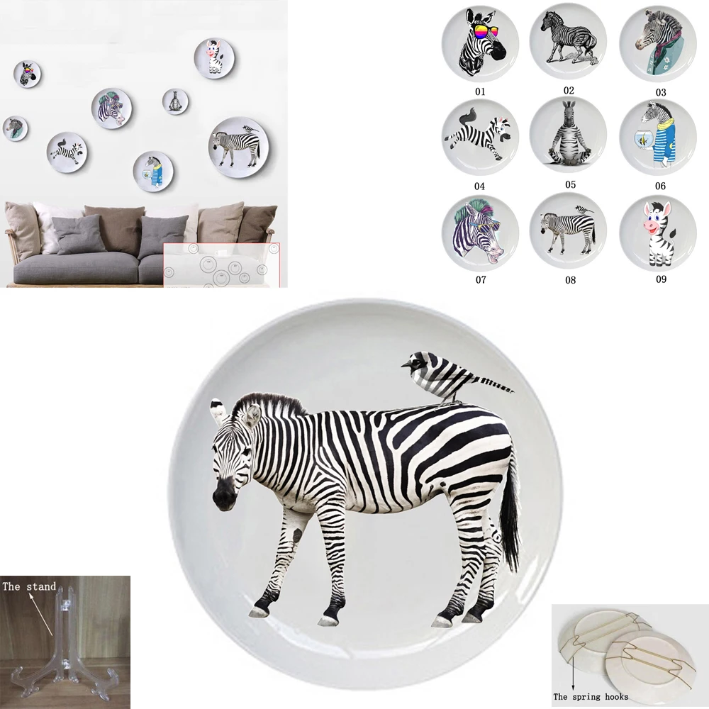 6/8/10 Inch Creative Funny Animal Zebra Horse Desk Ceramic Decoration Plates Porcelain Disc Home Background Decor Wall Hanging