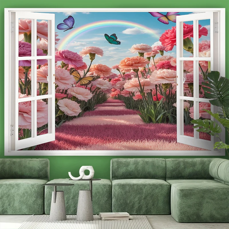 1PC Digital Print Tapestry Wall Hanging, Fake Window Pink Flower Path Butterfly Art, Nature Scenery 3D Window Wall Art Decor