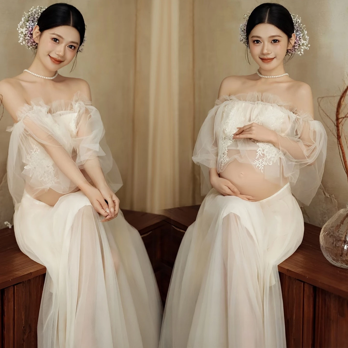 puntelli-per-fotografia-da-donna-prospettiva-abiti-premaman-eleganti-in-pizzo-bianco-maniche-lunghe-abito-da-gravidanza-puntelli-per-servizio-fotografico-in-studio