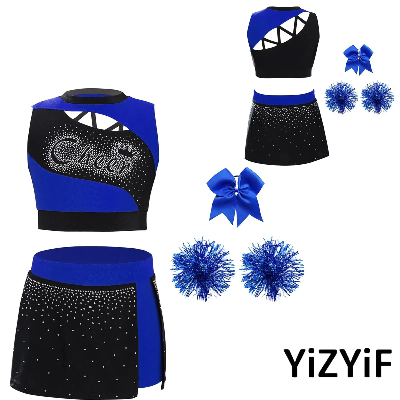 

Sparkling Cheerleader Set for Girls with Rhinestone Crop Top And Side Slit Skirt Complete with Accessories for Competitions