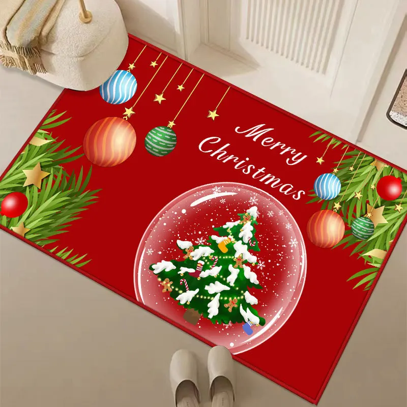 VIKAMA Wine Red Santa Chimney Tree Bell Bath Mat Water Absorbent Non Slip Bathroom Shower Porch Christmas Holiday Home Decor