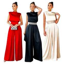 Women Jumpsuits Loose Casual One Piece Turtleneck Sleeveless Wide Leg Long Pants Rompers Tight Waist Elegant Splice Overalls