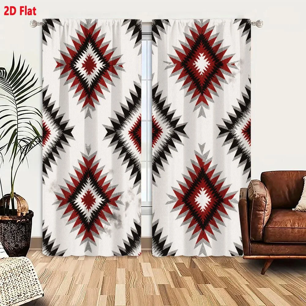2Pcs Curtains 2D Flat Native American Southwestern Textile Pattern Geometric Diamond Motifs Symmetrical Radiating Design Black R