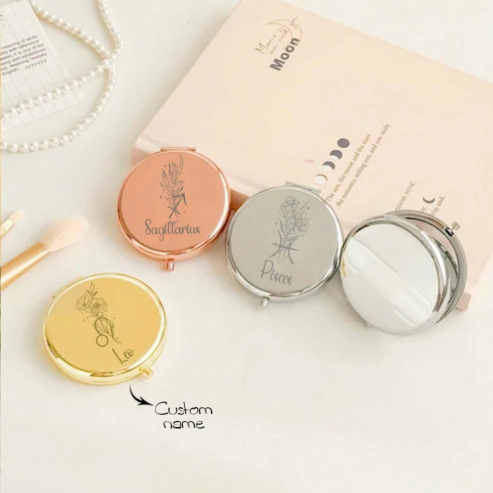 1pc Cartoon The Twelve Zodiac Signs Personalized Text Pocket Mirror Mirror With Name Makeup Mirror Wedding Party Gifts