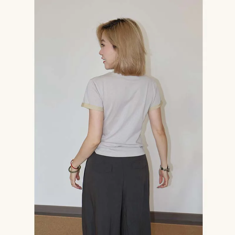 Lemon Tea Summer Casual Color Block round Neck Short Sleeve Women's T-Shirt Shoulder Fit Cotton Blend Comfortable Short Length