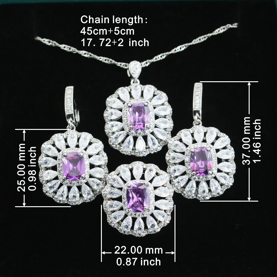 Dubai Wedding/Party Women Trendy 925 Silver Jewelry Sets Dangle/Earrings/Bracelet And Ring Purple Zircon Valentine Day Gift