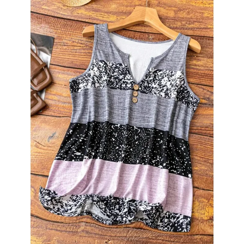 

Plus Size 1XL-5XL New Women's Summer New Fashionable Color Splicing Notch V-neck Sleeveless Vest