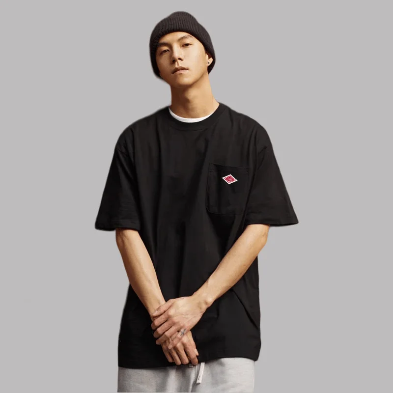 Pure Cotton Short Sleeve T-shirt Loose Simple Basic Round Neck Top Pocket Tees White-Apricot Black Solid color style image 5