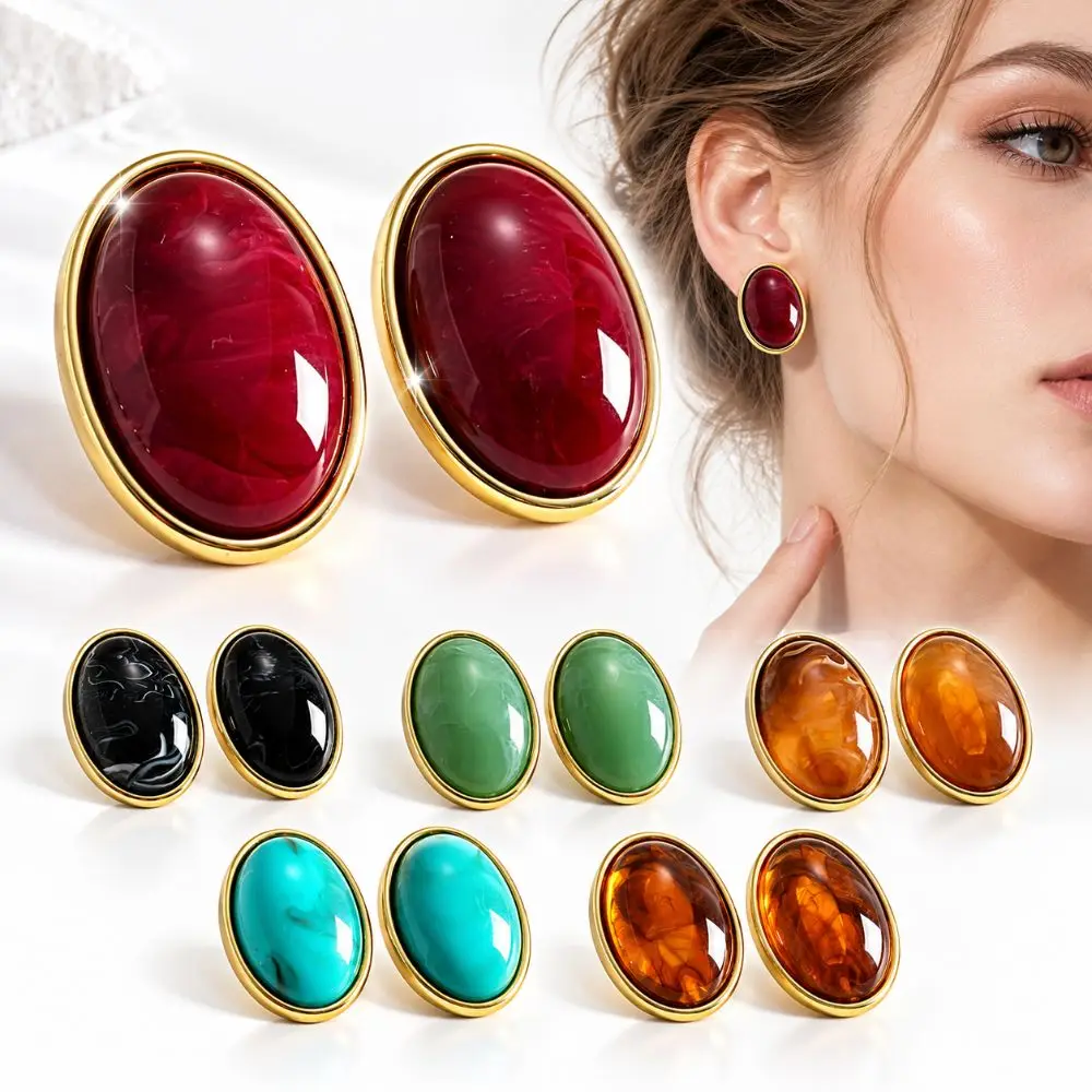Smudging Effect Retro Oval Geometric Stud Earrings Smooth Surface Sweet Waterdrop Earrings Multicolor Women Earrings