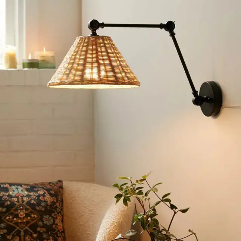 Japanese Retro Wabi Sabi Wall Lamps Folding Arm Extendable Rocker Arm LED Wall Sconces Decoration Vine Art Lampshade Wall Light