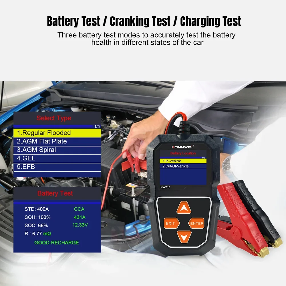 KW218 6V-12V Automotive Battery Tester, Car Motorcycle Starter Battery Detection Tool