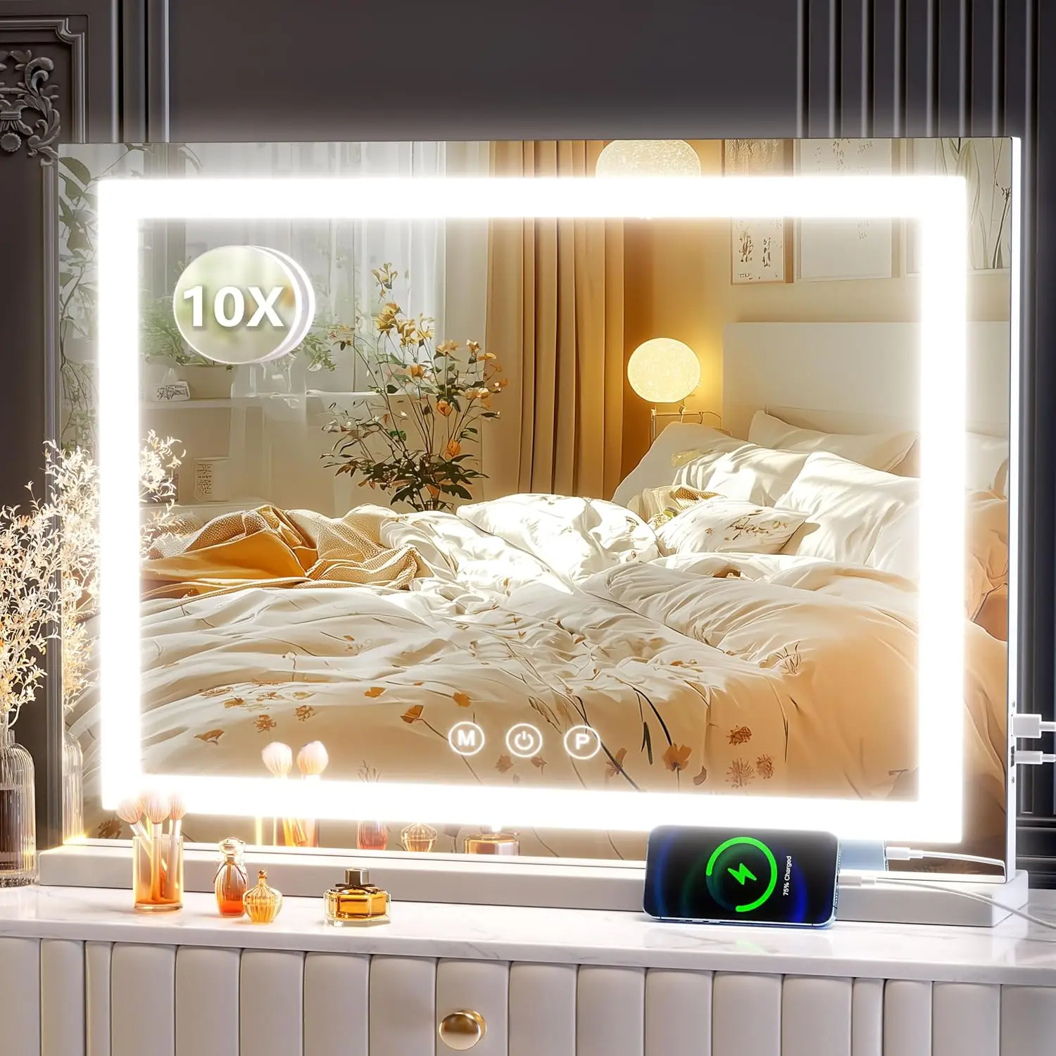 

Large LED Makeup Mirror with USB Charging, 10X Magnification, Dimmable Touch Control
