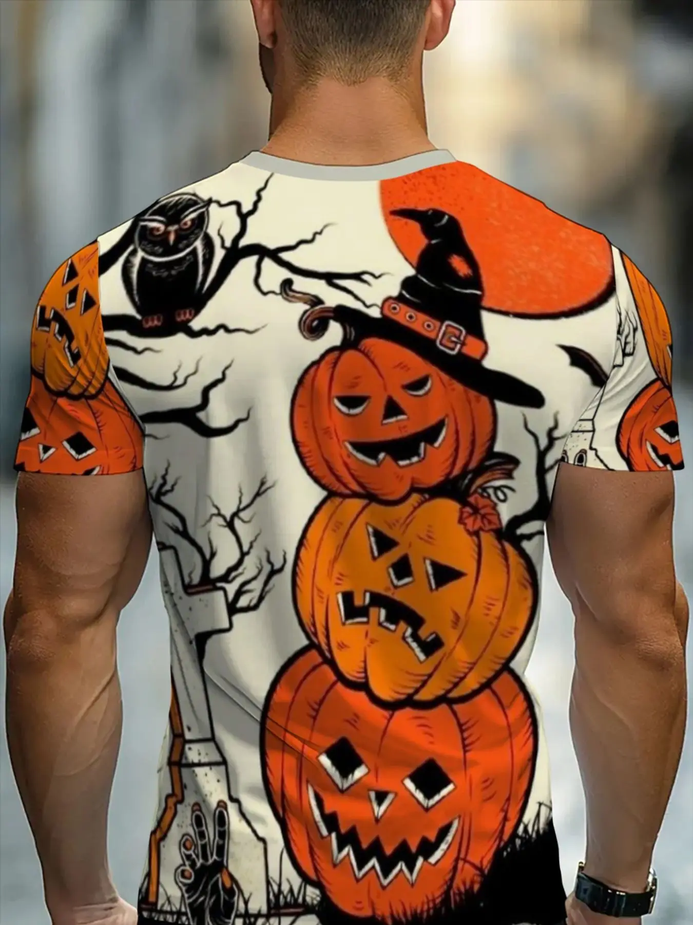 Men Short Sleeve T‑Shirt 3D Stacked Pumpkin Witch Hat Owl Tombstone Print Retro Halloween Casual Party Top