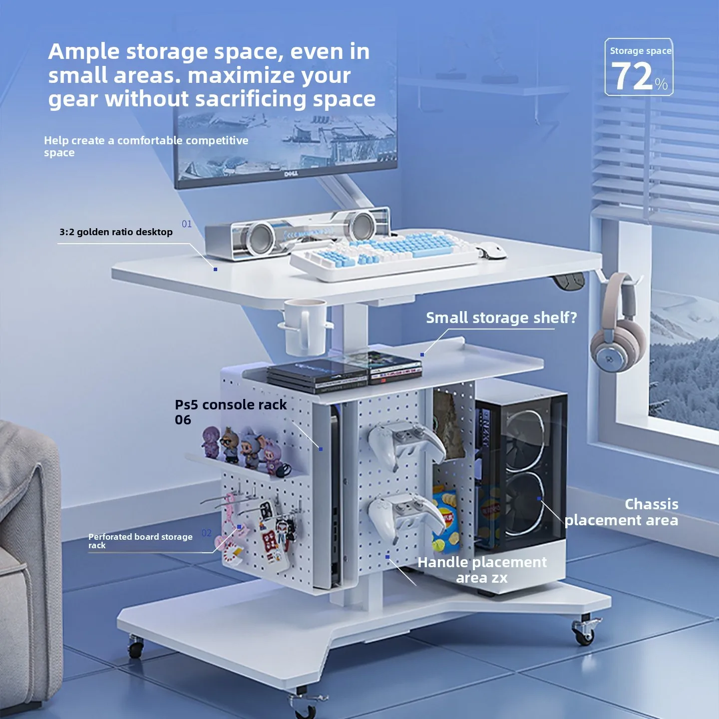 Small Electric Lifting Game Table White Computer  Can Clip The Arm 90CM Bedside Table E-sportshost Integrated