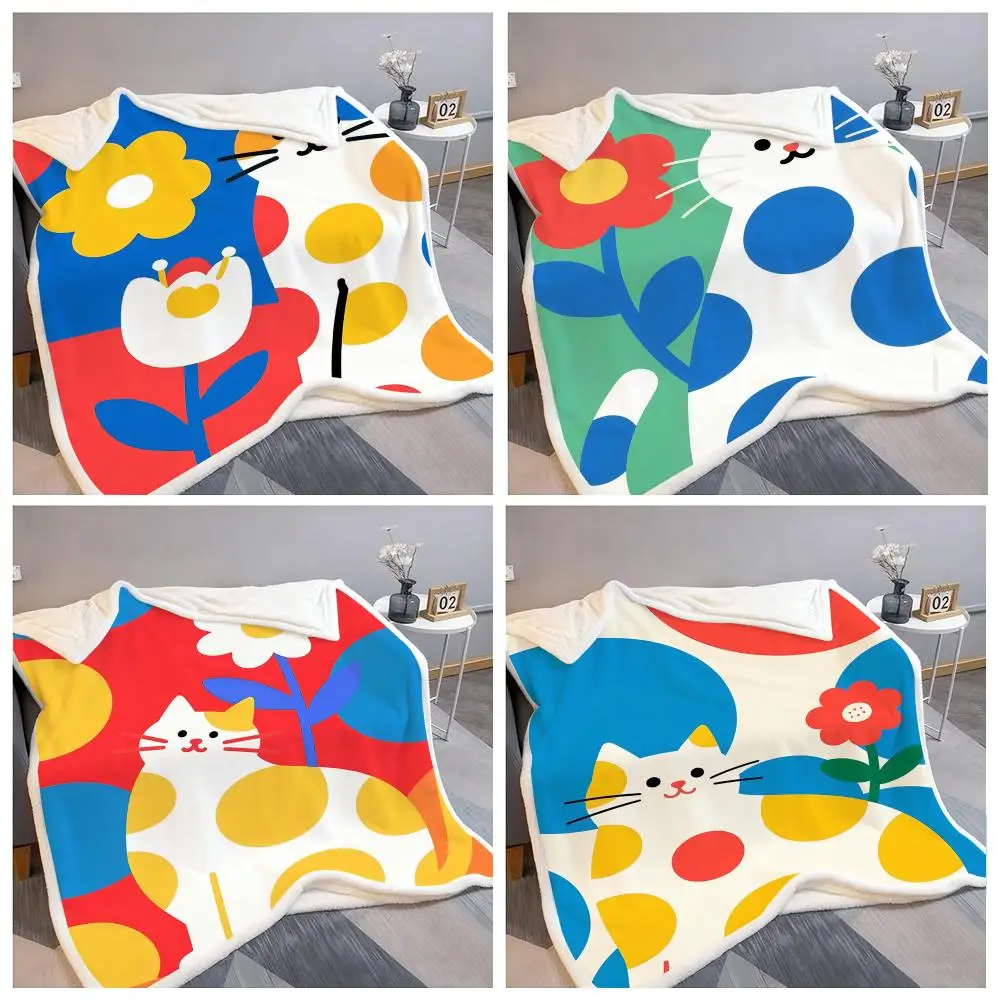 Selimut Lembut Berbulu Motif Kucing Kartun Lucu, Selimut Hangat Ramah Kulit untuk Sofa, Tempat Tidur, Kantor, Tidur Siang, Musim Dingin
