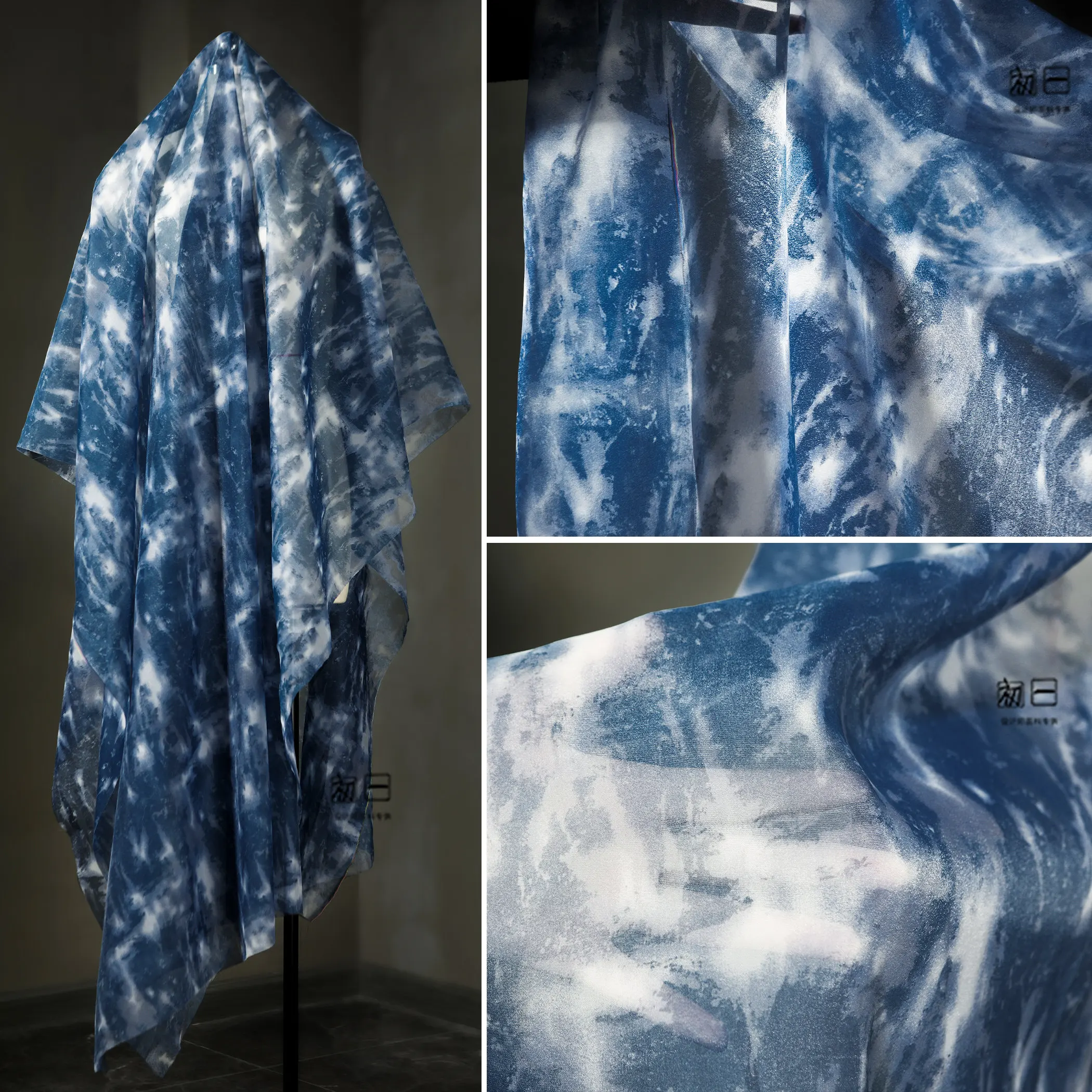 Blue White Tie-Dyed Semi-Transparent Chiffon Marble Texture Creative Han Chinese Clothing Cheongsam Skirt Designer Fabric