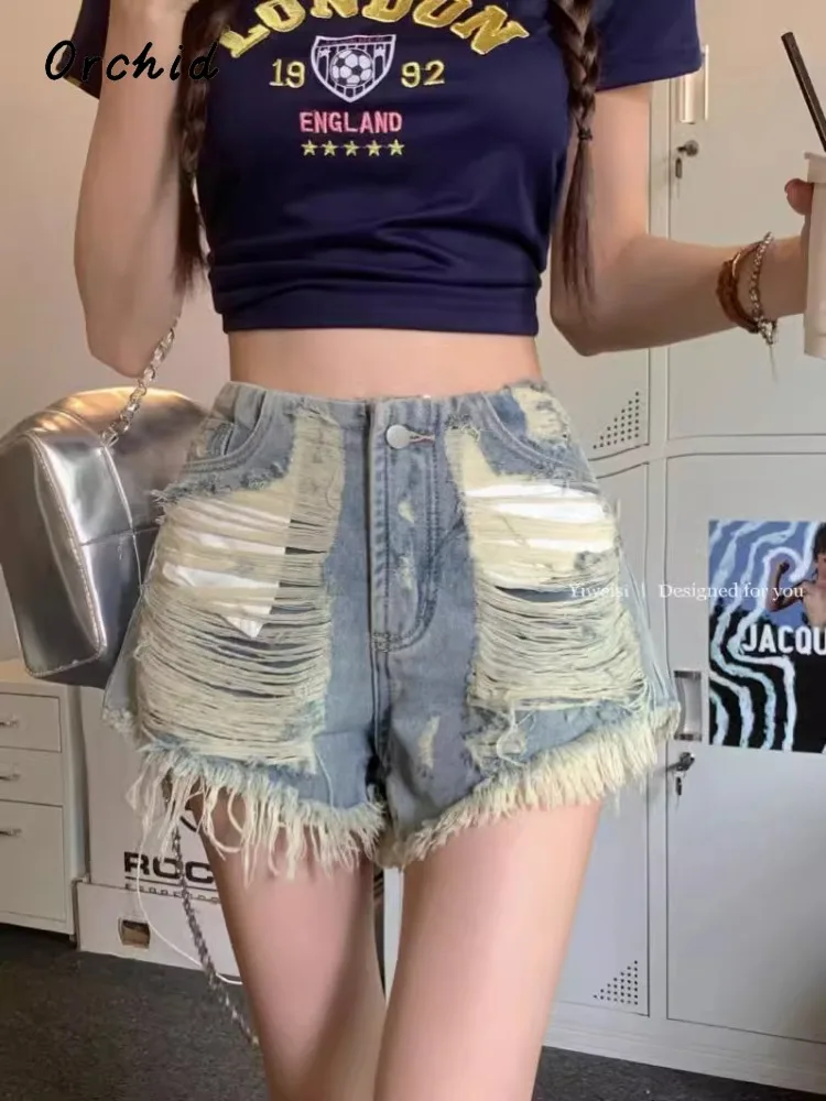 

Korean Y2K Harajuku High Waist Street Style Fashion Shorts 2024 Summer Women Sexy Ripped Hotsweet Slim Fit Tassels Denim Shorts