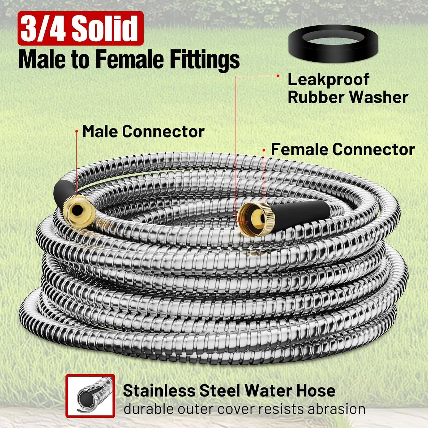 

Garden Hose 50 ft, Stainless Steel Metal Water Hose 50 Feet with Nozzle, Flexible, Rust Proof, No-Kink, Heavy Duty,Free Shipping
