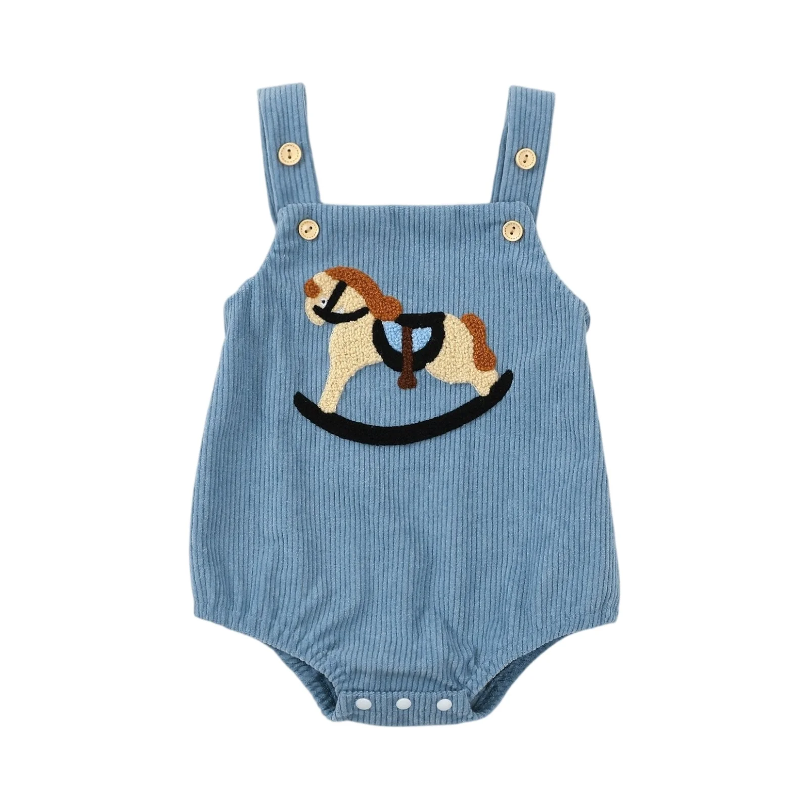 

Kids Casual Wear Unisex Baby Girls Boys Ovrealls Rompers Rocking Horse Embroidered Sleeveless Corduroy Infant Snap Bodysuits
