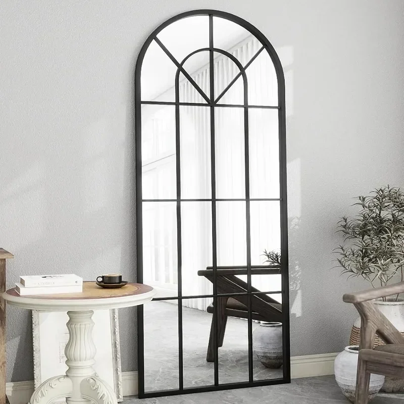 Espejo Arqueado Grande de 71"x32" de Alta Calidad, Tipo Ventana, Espejo de Cuerpo Entero Negro, Espejo de Pie Extra Grande Estilo Rústico