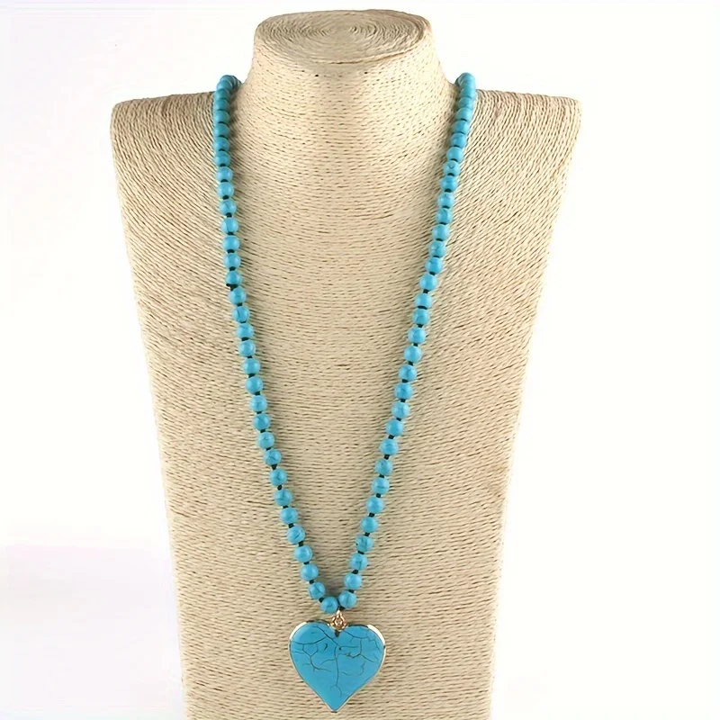 Ethnic style Creative turquoise necklace Women\'s heart pendant Vintage turquoise long necklace sweater chain