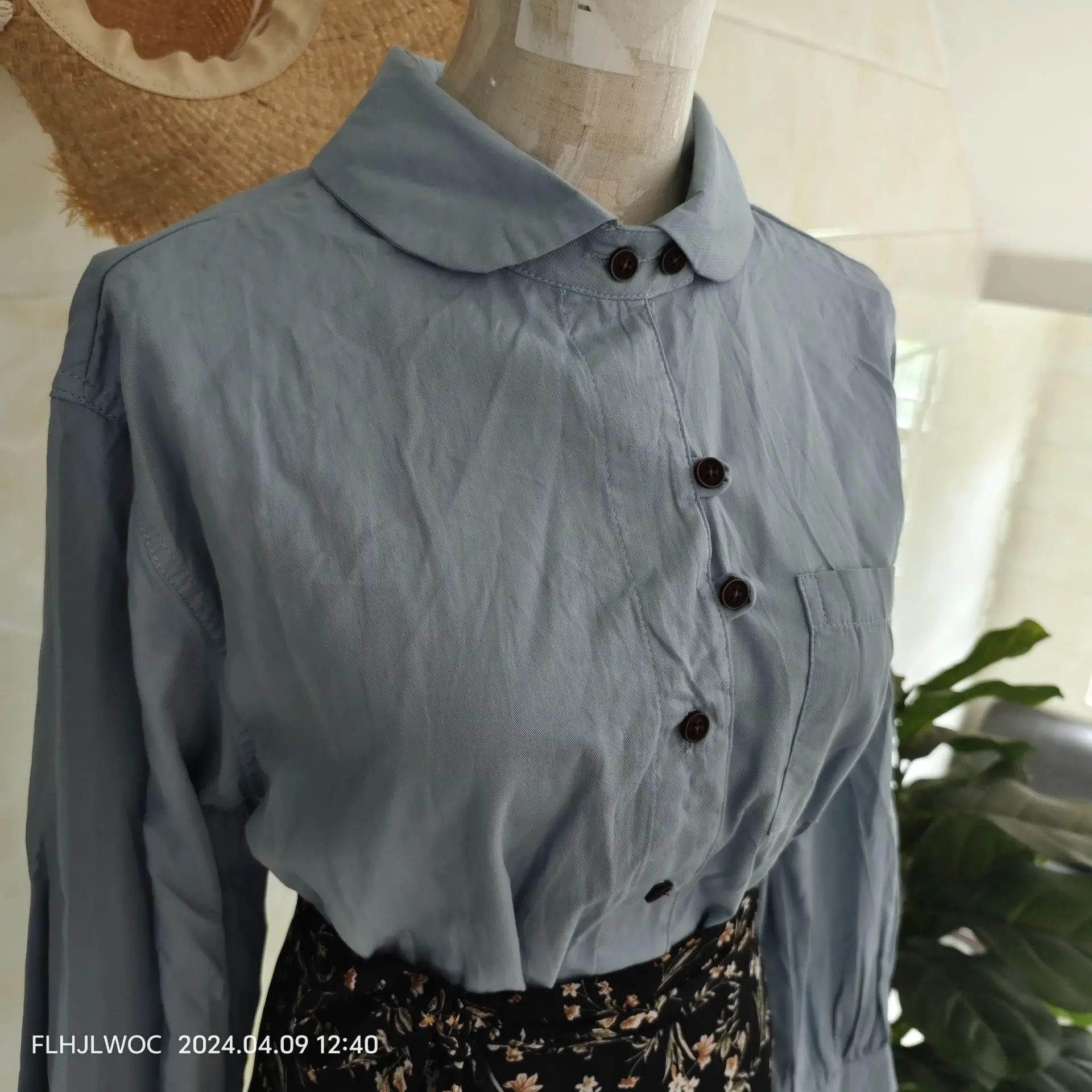 Tops de mezcla de algodón para mujer, blusas con cuello Peter Pan, bolsillos sueltos, azul, Preppy, estilo japonés Mori, camisas Retro Vintage con botones