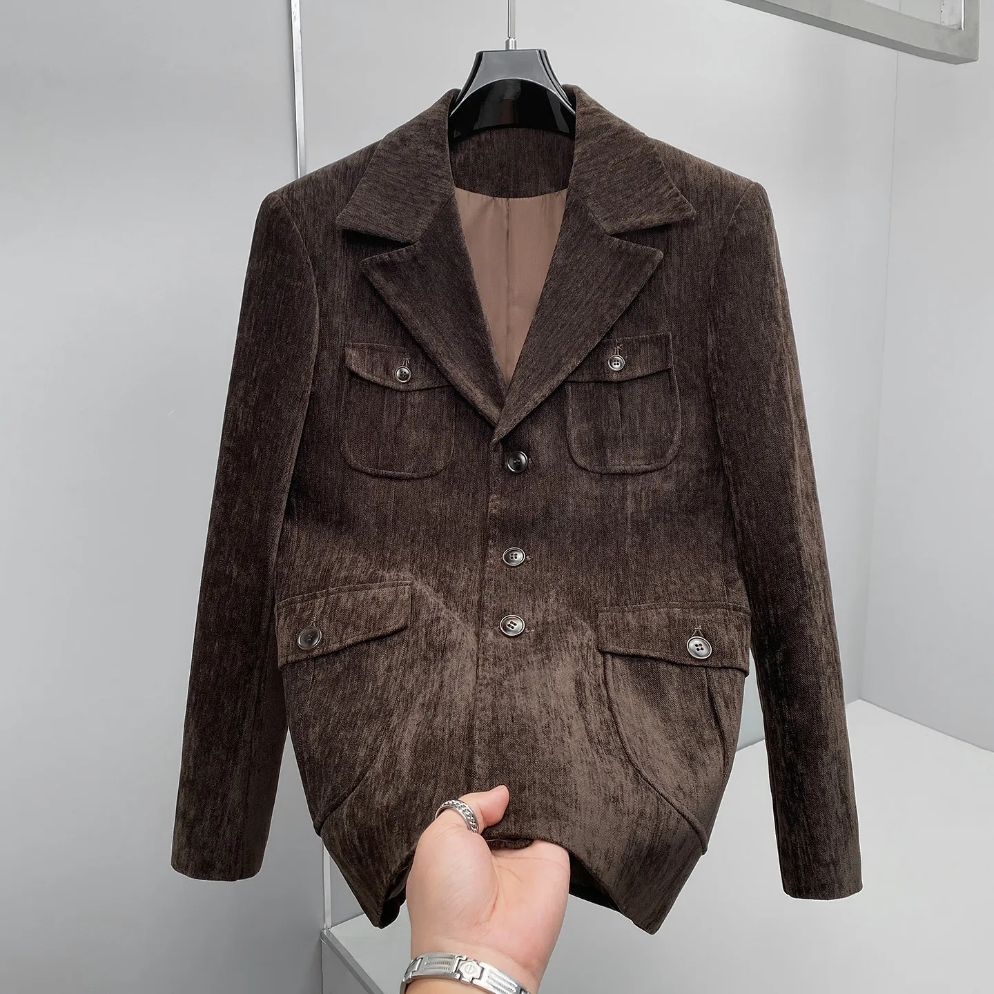 British Style Men's Multi-pocket Blazer Jacket Autumn Winter Corduroy Slim FitCasual Jacket Business Social Wedding Dress Coats