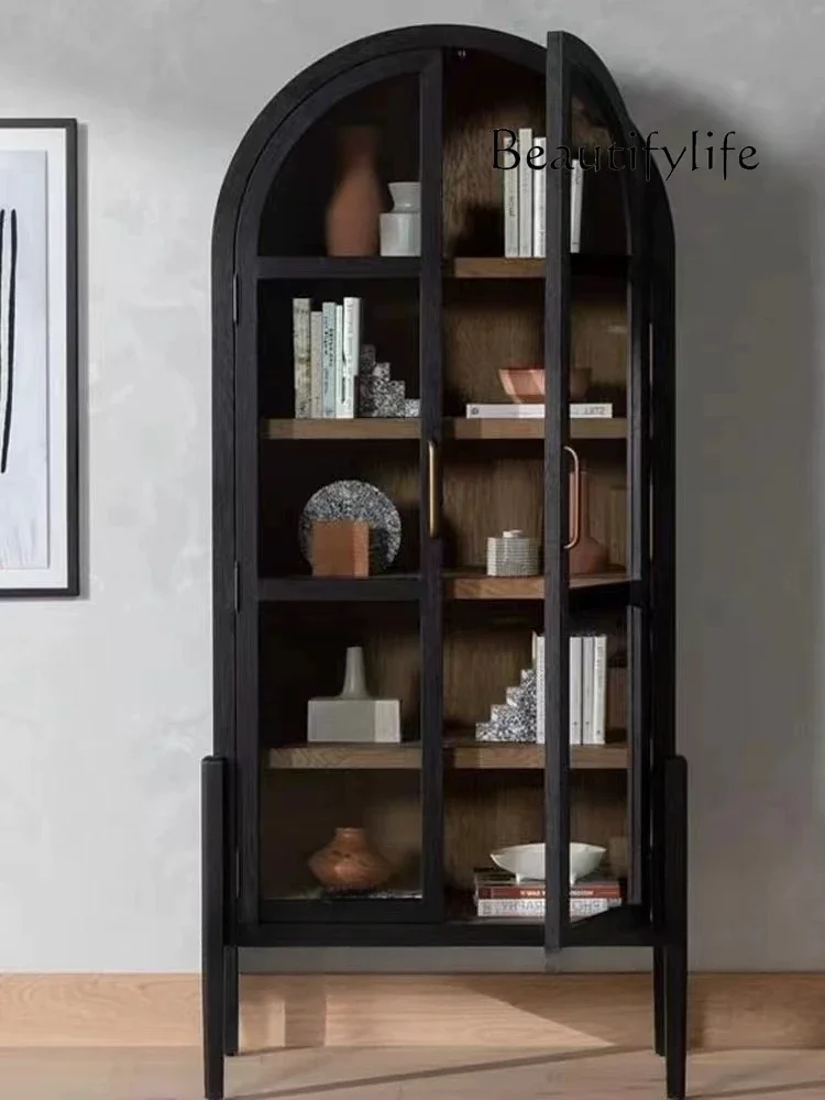 Librería arqueada de madera maciza americana, sencilla, con armario de suelo de vidrio, mueble de vino lateral retro para comedor