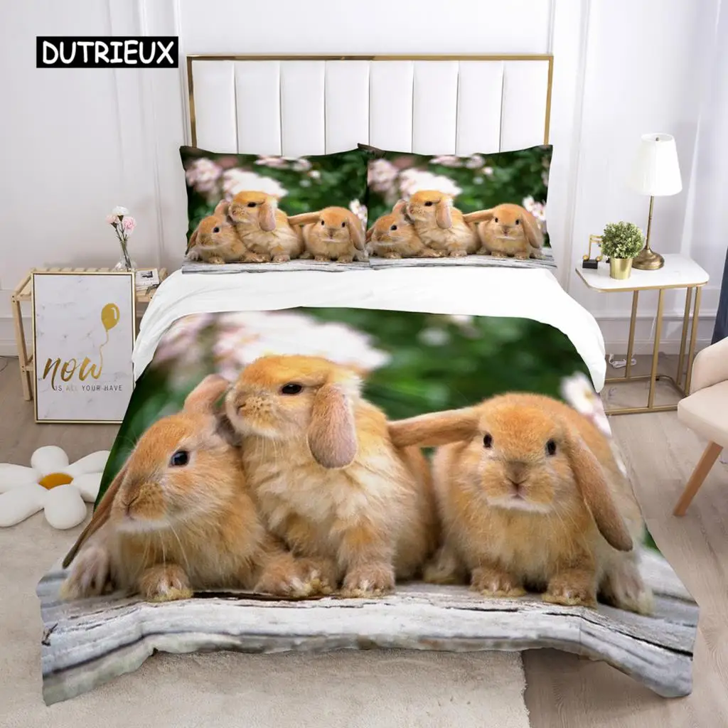 Rabbit Comforter Duvet Cover Set Lovely Little Rabbit Decor Bedding Set for Kid Girl Polyester Animal Theme King Comforter Cover