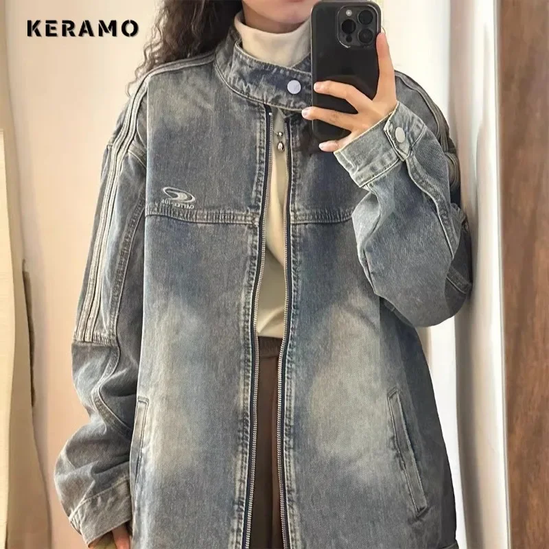 American Retro Zipper Baggy Casual Blue Fashion Denim Jacket 2024 Autumn Winter Women's High Street Y2K Vintage Loose Coat