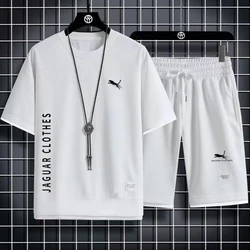 Summer Men's jaguar clothes Waffle Sets Casual T-Shirt And Shorts Set Male Sports Suit Solid Color Tracksuit Loose Suits