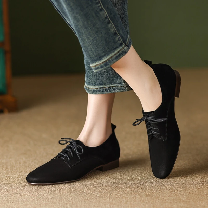 

NEW Spring Women Shoes Sheep Suede Shoes Square Toe Chunky Heel Shoes for Women Solid Low Heel Women Pumps Simple Lace-up Shoes