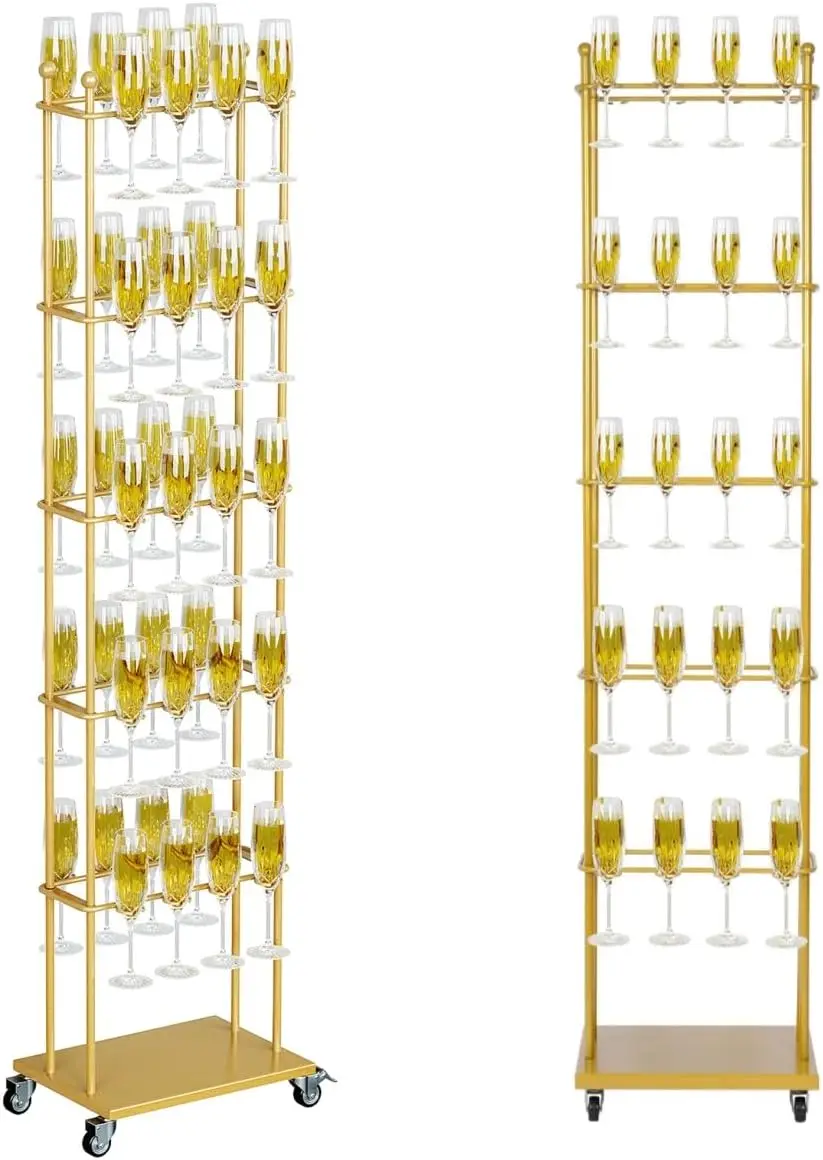 5 Tier Metal Champagne Wall Stand With Wheels, Freestanding Wine Glass Holder Rack Display Organizer For Wedding Celebration Party, Elegant Modern Style, Gold, 1 Piece