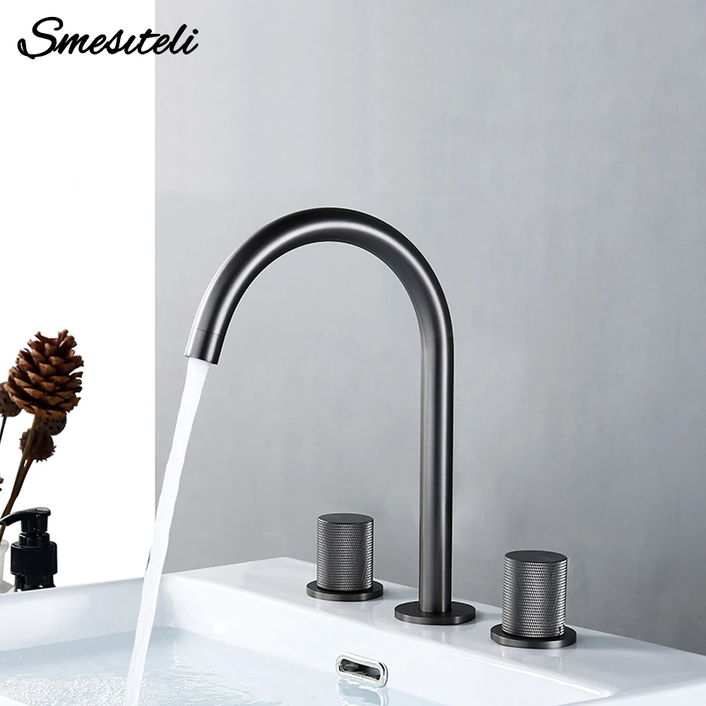 

Gunmetal Basin Faucet Hot and Cold Knurled Handles Sink Tap Installed Deck Mounted Mixer 3PCS Brass Widespread Bathroom Faucet