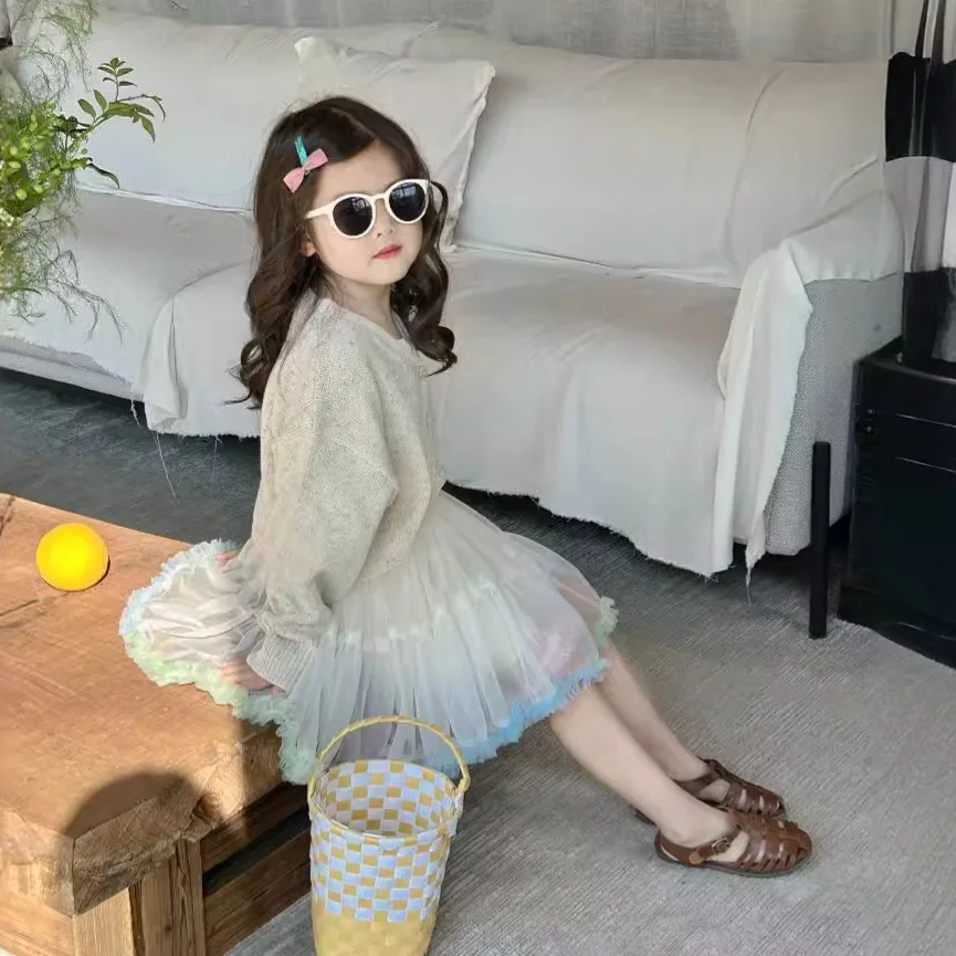 Girls Skirts 2024 Autumn New Childrens Clothing Foreign Girl Sweet Color Pengpeng Gauze Skirt Casual Simple and All-match