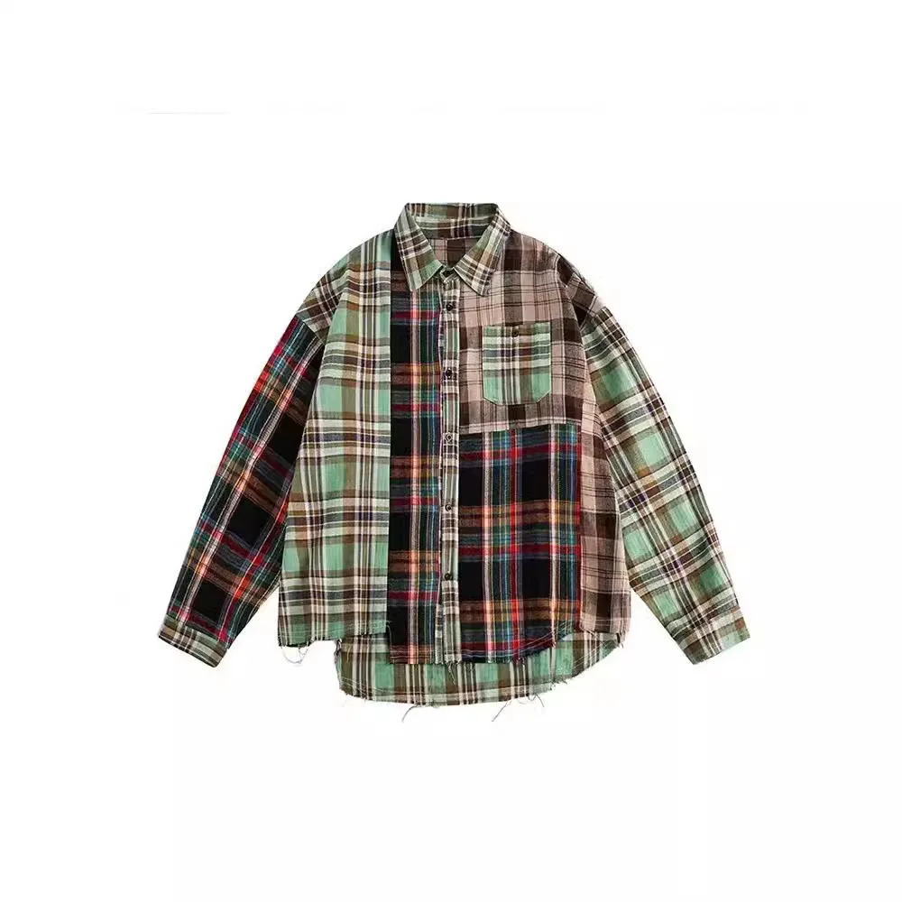 Long-sleeved Shirt Colorful Plaid Patchwork Man Fashionable Comfortable Cool Personality Loose Casual All-matching