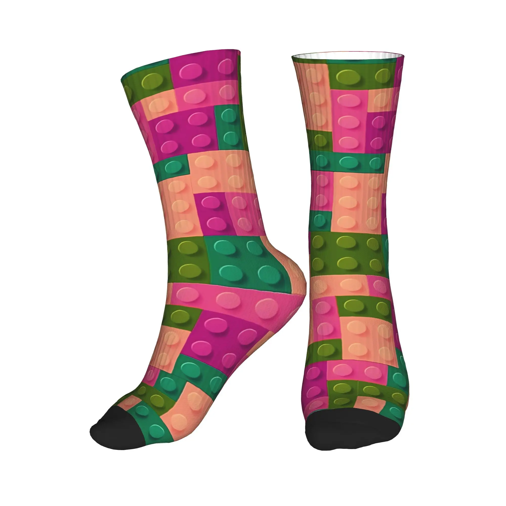 Pink Green Building Blocks Pattern Socks Graphic Stockings Non Slip Adults Men Socks Soft Breathable Spring Kawaii Cycling Socks