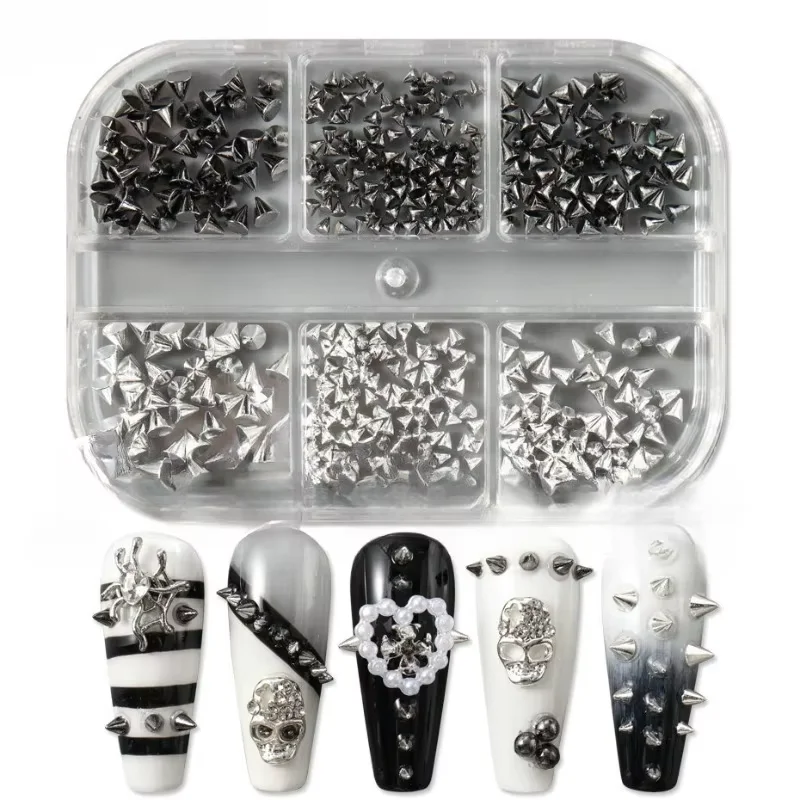 6 Griglie Y2K Punk Rivetto in metallo Pendenti per unghie Cono Dimensioni miste Nero Argento Oro Nail Art Borchie 3D Elegante lega Spike Unghie strumento